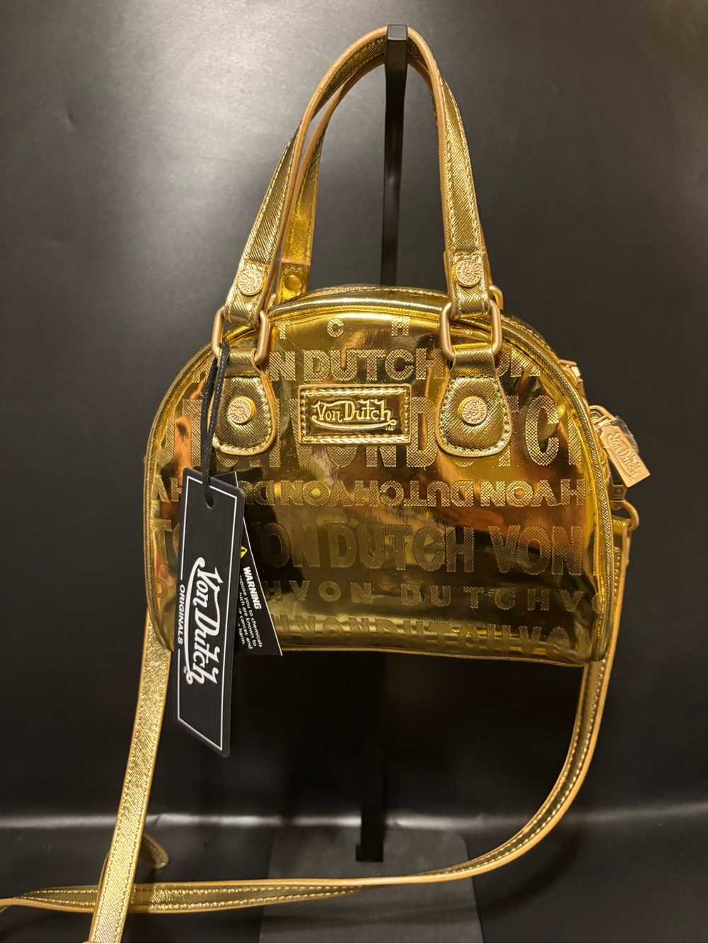 Von Dutch Metallic Gold Mini Bowling Bag
Embossed Logo Crossbody Satchel NWT